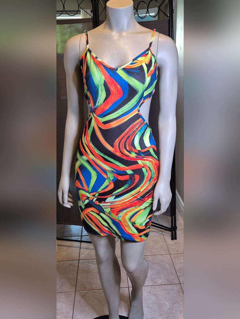 SHEIN Black Asymmetrical Bodycon Dress with Neon Orange, Blue & Green Swirl